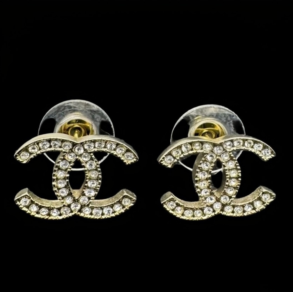 CHANEL Gold CC Logo earrings crystals Statement earrings
